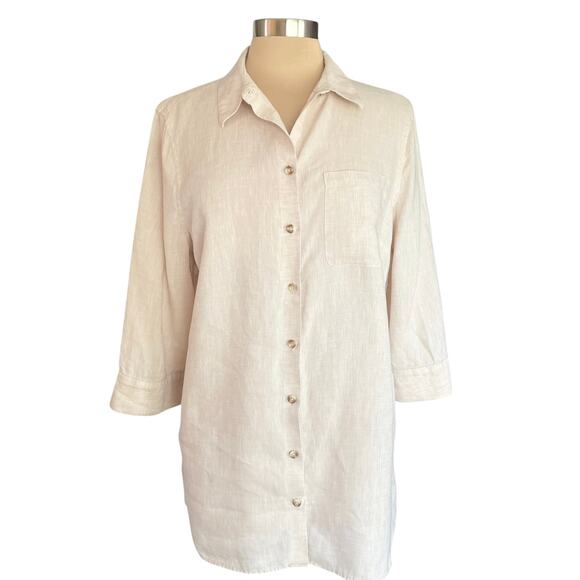 Chico's No Iron 100% Linen Beige Button Down Tunic Size L Neutral Closet Staple - Picture 1 of 7